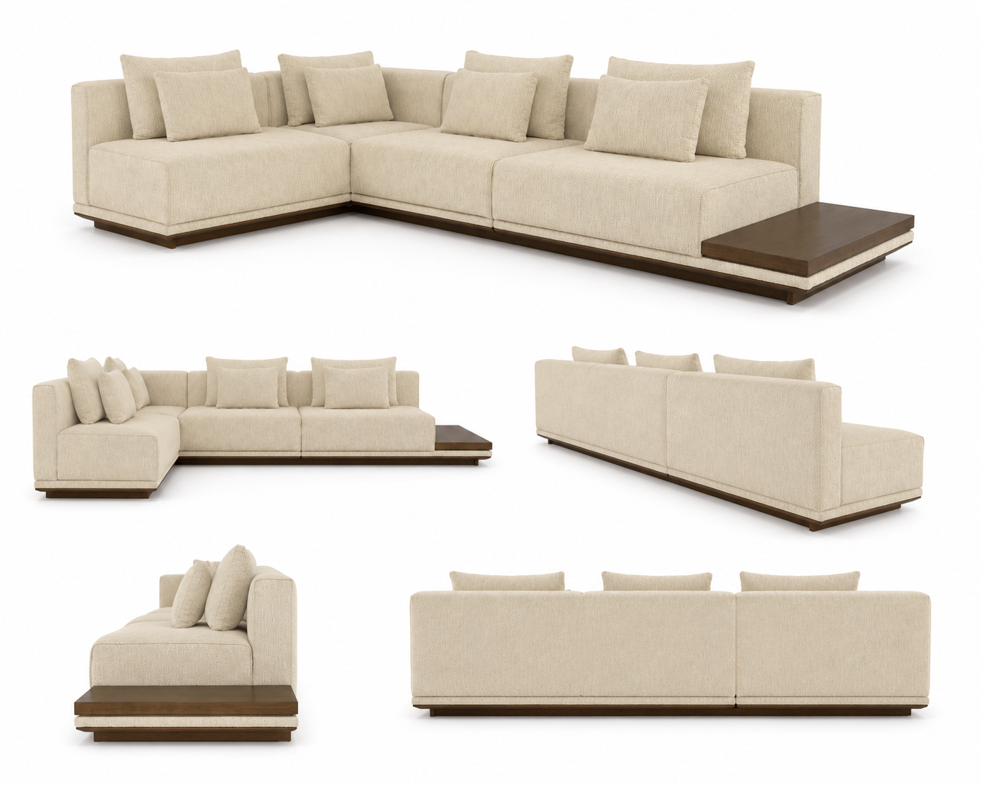 Bespoke cream modular sectional sofa with timber plinth base and integrated side table
